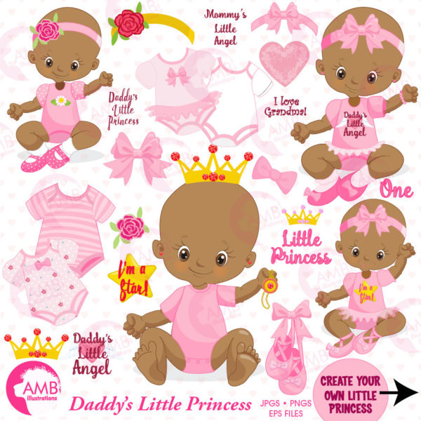 Baby Girl clipart, African American, Little Princess Clipart, create your own clipart, princess clipart, baby birthday,  AMB-1372