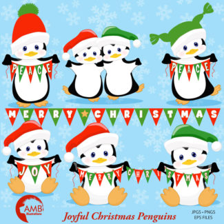 Christmas clipart, Joyful Penguin clipart,  Winter clipart, baby penguin, bird clipart, commercial use, instant download, AMB-1128
