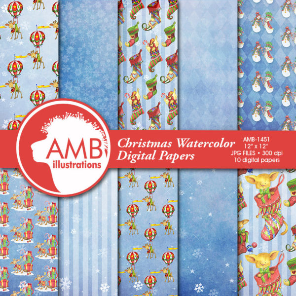 Christmas Paper pack watercolor, holiday planner pack, Christmas papers, Christmas reindeer, commercial use, AMB-1468