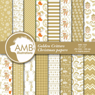 Christmas papers, Forest Christmas digital papers, Gold and white Christmas paper, Christmas Paper Pack, AMB-1525