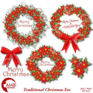 Christmas Wreath, Christmas Clipart, Vintage Christmas, Traditional Christmas Wreaths, Poinsettia, commercial use, AMB-1120