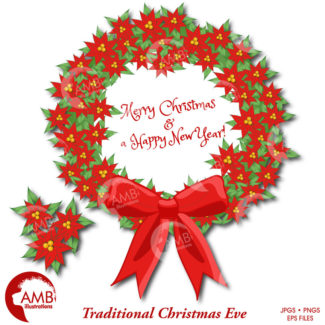 Christmas Wreath, Christmas Clipart, Vintage Christmas, Traditional Christmas Wreaths, Poinsettia, commercial use, AMB-1120