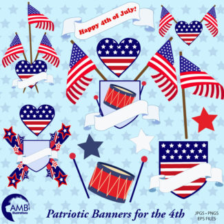Fourth of July Clipart, Banners, Embellishments, Independence Day Clipart, 4th of July Clipart, American, Commercial Use, AMB-925