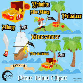 Pirate Clipart, Pirate Ship clip, Treasure Chest, Treasure Island, Pirate Birthday, Buccaneer, Commercial Use, AMB-176