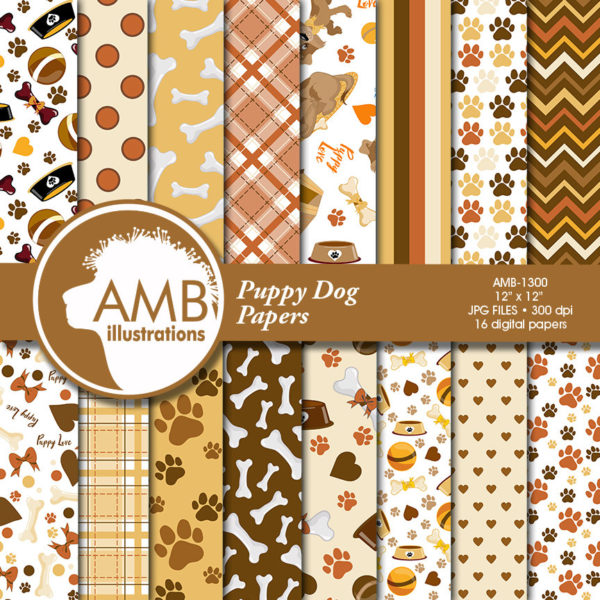 Puppy Dog Digital Papers, Dog digital backgrounds, Paws pattern papers, invites, card making and crafts, Commercial Use, AMB-1300