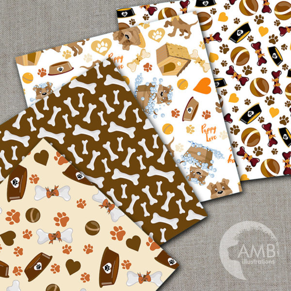 Puppy Dog Digital Papers, Dog digital backgrounds, Paws pattern papers, invites, card making and crafts, Commercial Use, AMB-1300