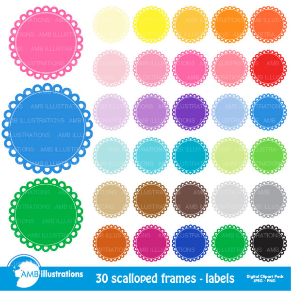 Scalloped frames, round labels, scalloped labels, commercial use, digital clip art, AMB-1140