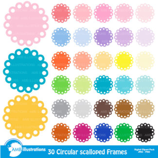 Scalloped frames, round labels, scalloped labels, commercial use, digital clip art, AMB-1141