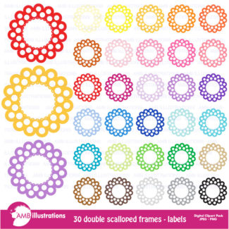 Scalloped frames, round labels, scalloped labels, commercial use, digital clip art, AMB-1142