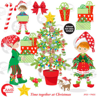 80%OFF Christmas clipart, Christmas boy elves clipart, Christmas tree clipart, commercial use,  instant download, AMB-1529
