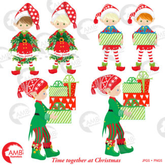 80%OFF Christmas clipart, Christmas boy elves clipart, Christmas tree clipart, commercial use,  instant download, AMB-1529