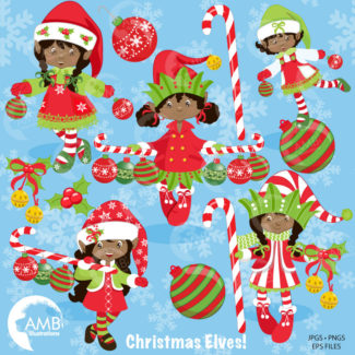 African American Christmas Elves clipart, Christmas Girl Elves Clipart, Dark Skin Elves, Commercial Use, Instant Download, AMB-196