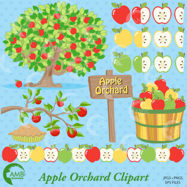 Apple clipart, Apple clip art, Orchard Clipart, Harvest clipart, Fall, Apple Tree, Apple Pie, Bushel Basket clipart, AMB-138