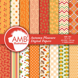 Autumn Digital Papers, Autumn Leaves Paper, Harvest Backgrounds, Pumpkin papers, Fall digital papers, Commercial Use,  AMB-1403