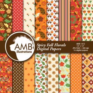 Autumn Digital Papers, Spicy autumn florals Paper, Backgrounds, Bright floral papers, Fall digital papers, Commercial Use,  AMB-1412