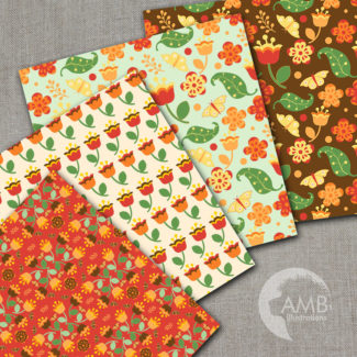 Autumn Digital Papers, Spicy autumn florals Paper, Backgrounds, Bright floral papers, Fall digital papers, Commercial Use,  AMB-1412