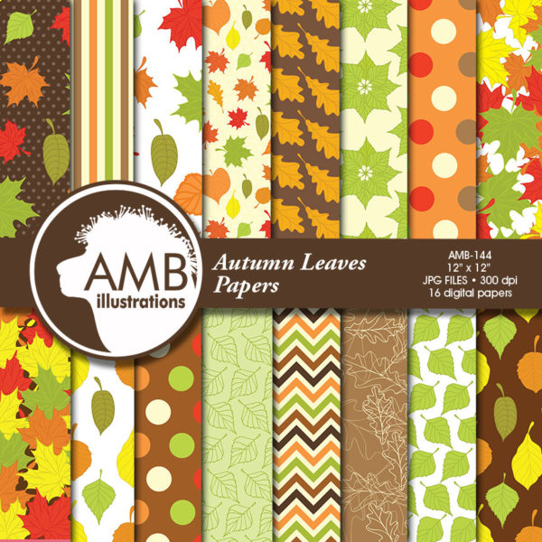 Fall Leaves Digital Patterns Autumn Scrapbooking Papers, Halloween Leaves Paper, Harvest Backgrounds, Commercial Use, AMB-144