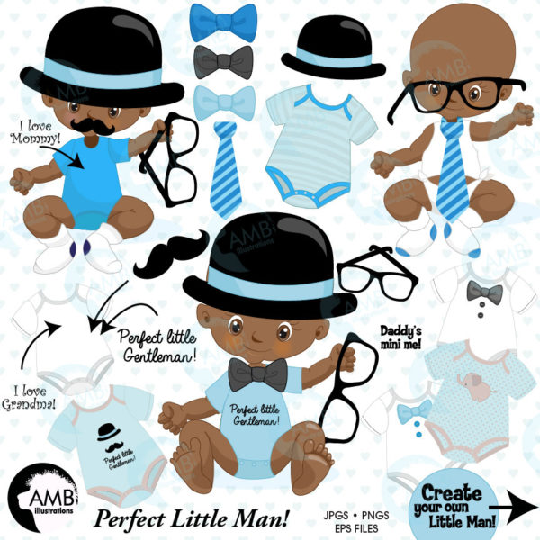 Baby boy clip art, African American baby boy birthday clipart, create your own clipart, dark skin boy birthday clipart, AMB-1359