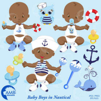 Baby Boy Clipart, Nautical Baby Boy Clipart, Sailor Clipart, African American Baby Clip Art, Nautical, commercial use, AMB-975