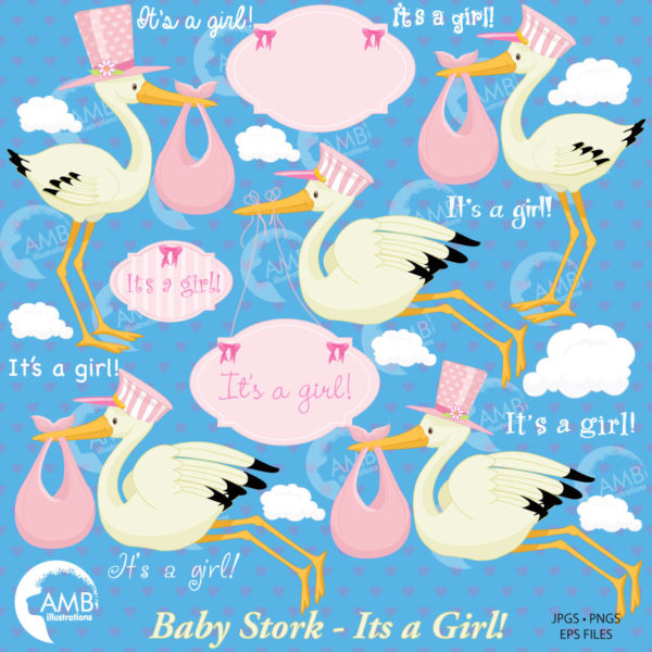 Baby Clipart, Stork Clipart, Baby Girl Shower Clipart, New Baby Clipart, Its a Girl Clipart, Baby Pink Storks, AMB-832