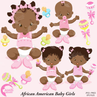 Baby Girl Clip Art, Baby Clipart, African American Baby Girl Clipart, Dark skin babies, Nursery Clipart, Commercial Use, AMB-835