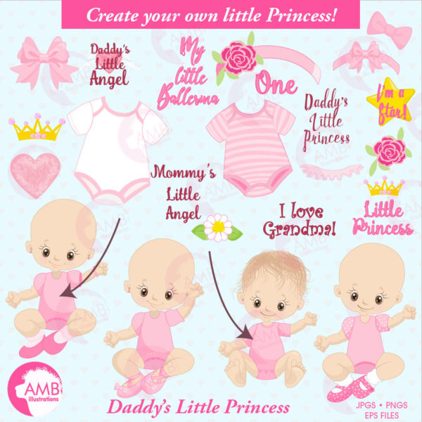 Baby girl clip art, girl onezies, Little princess clipart, create your own clipart, princess clipart, baby birthday clipart, AMB-1293