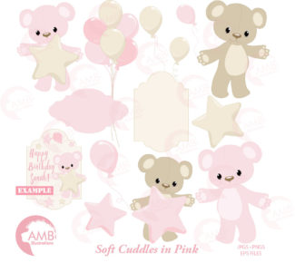 Baby Girl Clipart, Nursery, Birthday party, Baby Shower for a Girl, Teddy Bear Clipart, Commercial Use, Girl Clipart, AMB-1450