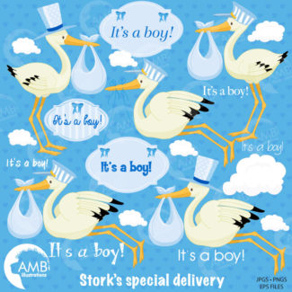 Baby Shower, Clipart, Stork Clipart, It's a Boy Clipart, Baby Clipart, New Baby Boy Clipart, Commercial Use, AMB-833