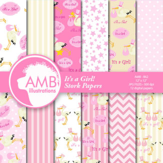 Baby shower Papers, Girl Baby Shower Papers, It's a Girl Backgrounds, Stork Clipart, New Baby Girl papers Commercial use, AMB-862