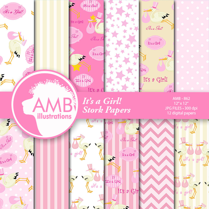 Baby Girl Digital Papers, baby shower backgrounds scrapbook