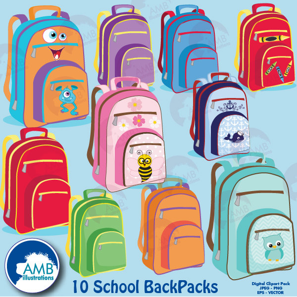 Colorful backpack clipart {Back to school Clip Art}
