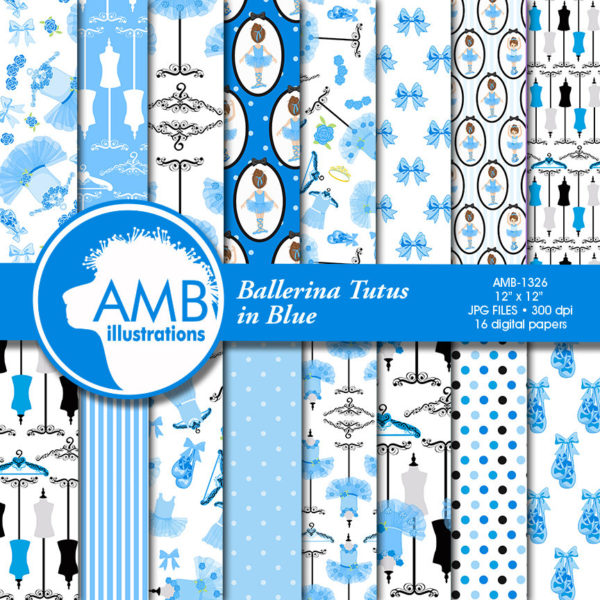 Ballerina scrapbook papers, Ballet digital papers, Ballet scrapbooking paper, Blue Ballet, Ballet Recital, Blue Tutus, AMB-1326