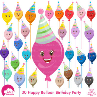 Balloon clipart, Birthday clipart, Birthday party, Party hat clipart, emoticons, commercial use, digital clip art, AMB-1198