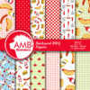BBQ digital papers, Picnic papers, Barbecue scrapbook papers, Red and green commercial use, AMB-913
