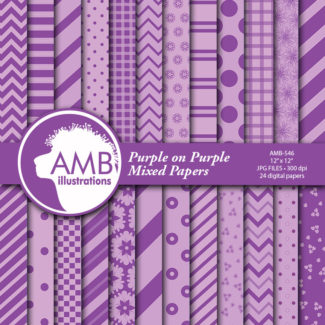 Beautiful Mixed Patterned Digital Papers in Purples, chevron papers, polkadot papers, striped papers, Commercial Use, AMB-546