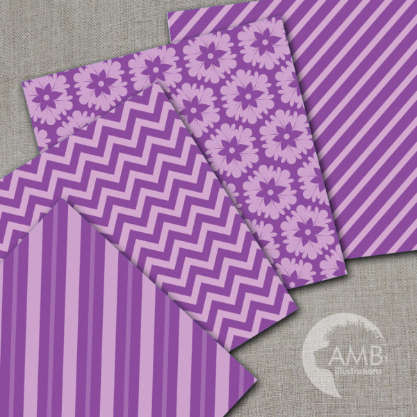 Beautiful Mixed Patterned Digital Papers in Purples, chevron papers, polkadot papers, striped papers, Commercial Use, AMB-546