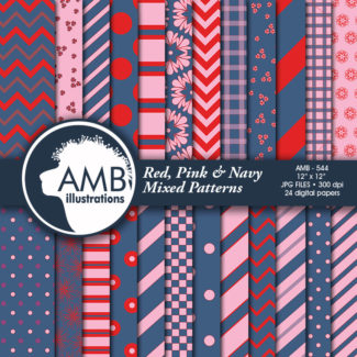 Beautiful Reds and navy Mixed papers, mixed digital paper, scrapbooking backgrounds, commercial use, AMB-544