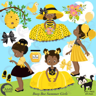 Bee girl clipart, Honey Bee clipart, bee girl clipart, Dark skin tone girls,  cute honey girls, cute summer girls, commercial-use AMB-1599