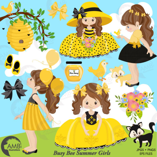 Bee girl clipart, Honey Bee clipart, bee girl clipart, Summer girls, cute honey girls, cute summer girls, commercial-use AMB-1054