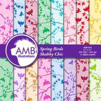 Bird Digital paper, Spring Birds Digital Backgrounds, leaf and branches background, pastel leaves patterns, Commercial Use AMB-848