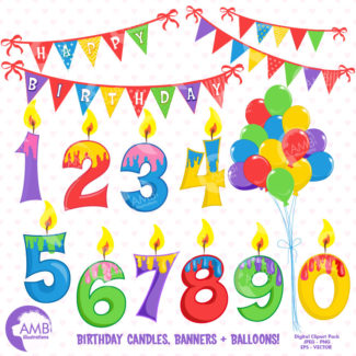 Birthday Clipart, Happy Birthday Clipart, Birthday Numbers, Birthday candles, Balloons, Birthday Banners, Commercial Use, AMB-1239