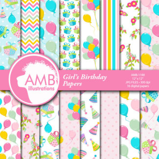 Birthday Party Digital Papers, Girls Pastel Birthday, Balloons Papers, Party Hats Scrapbook Papers, commercial use, AMB-1188