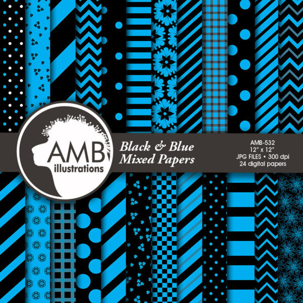 Black and Blue Mixed Digital Papers, Striped Patterns, Chevron Papers, Polkadot Papers, Floral Backgrounds, Commercial Use, AMB-532