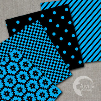 Black and Blue Mixed Digital Papers, Striped Patterns, Chevron Papers, Polkadot Papers, Floral Backgrounds, Commercial Use, AMB-532