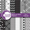 Black and White Digital Papers, Geometric Patterns, Polkadots, chevrons, Floral Digital Backgrounds, Commercial Use, AMB-1264