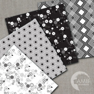 Black and White Digital Papers, Geometric Patterns, Polkadots, chevrons, Floral Digital Backgrounds, Commercial Use, AMB-1264
