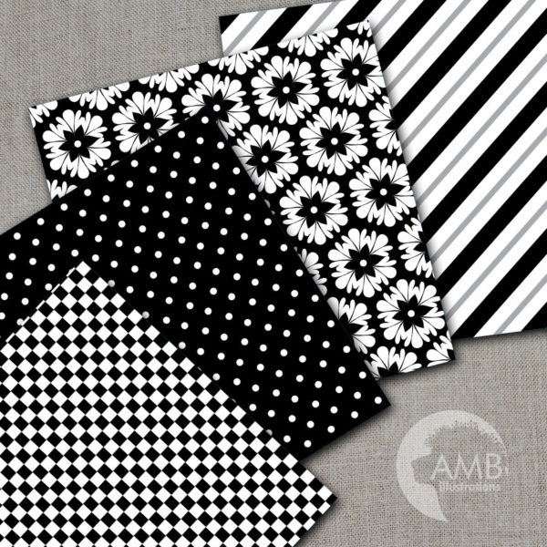 Black and White digital papers, Mixed Digital patterns, Checkers, polkadot, Stripes, Chevron, Backgrounds, Commercial use, AMB-531