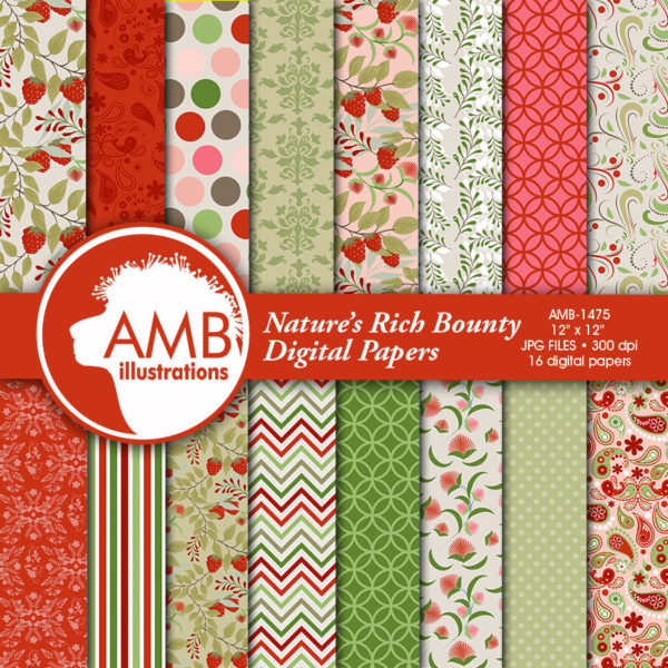 Botanical digital paper, floral Digital Papers, Shabby chic floral, floral pattern, raspberry paper, scrapbook paper, AMB-1475