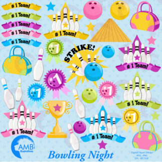 Bowling Night Clipart, Bowling Clipart, Bowling Ball Clipart, Pins, Ball, Sports Clipart, Commercial Use, AMB-935
