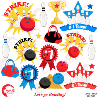 Bowling Night Clipart, Bowling Clipart, Bowling Ball, Pins, Ball, Sports, Birthday Party Invitations, Commercial Use, AMB-1284